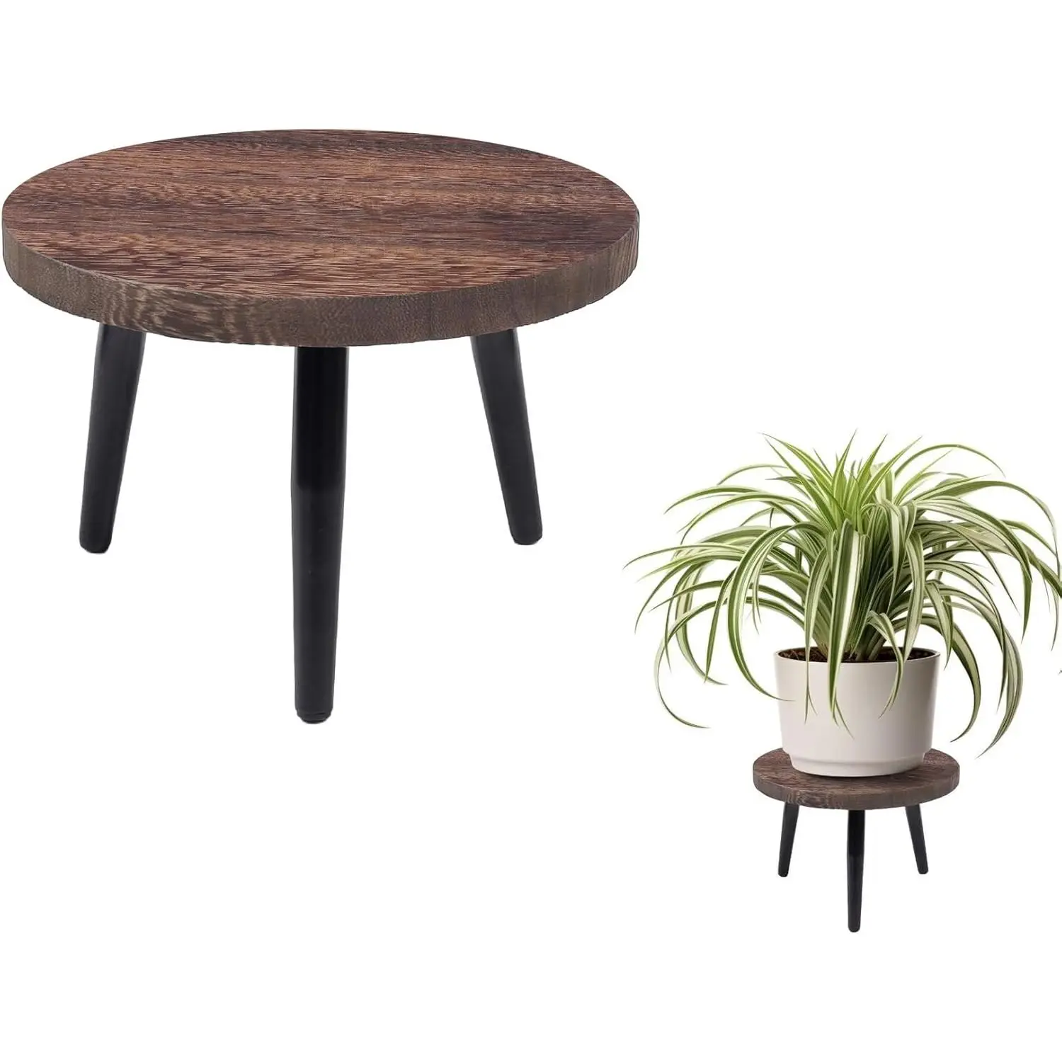 8 Inch Plant Stand, Small Floor Indoor Plant Stand, Mid Century Wood Planter Stand with Metal Legs, Round Modern Plant Stool for Indoor Outdoor Flower Pots, Brown
