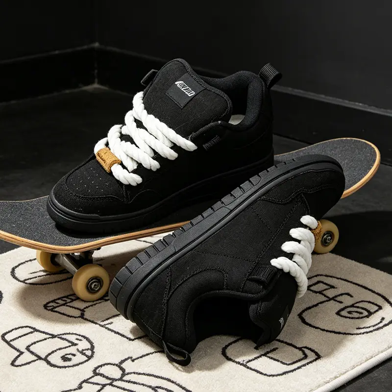 Unisex All-Black Suede Casual Skate Shoes, Preppy Style, Breathable Mesh, 39(US Men7/US Women8), Padded Fabric, Segmented Rubber Chunky White Rope Laces Platform Sole Streetwear Board Sneakers for Teens, Brown Lace Locks