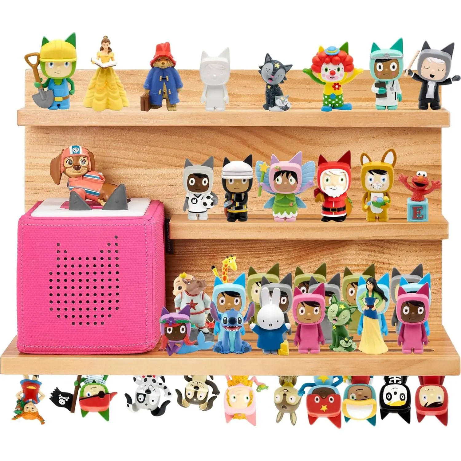 Gieanoo for Tonies Shelf Magnetic,Solid Pine Wooden Wall Floating Shelves for 48 Characters Storage and Display 3 Tiers Tonie Shelf Organizer Compatible Charging Station for Children's Room(Natural)