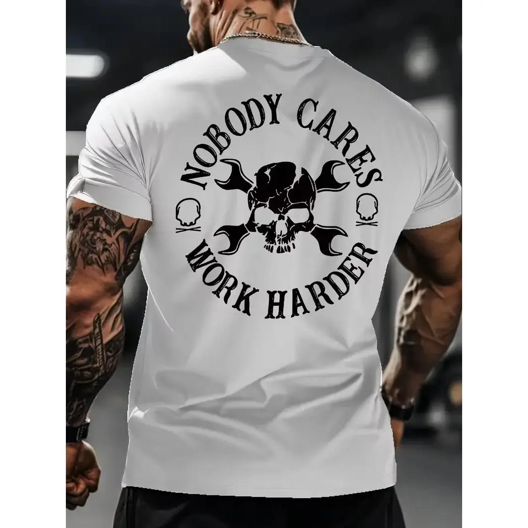 Men's New Spring/Summer Sporty Casual T-Shirt - Lightweight and Comfortable, "NOBODY CARES WORK HARDER" Wrench Skull Graphic, Suitable for Daily Casual Wear, Sports, and Everyday Gym Apparel, Lightweight Sportswear, Comfortable for Sports