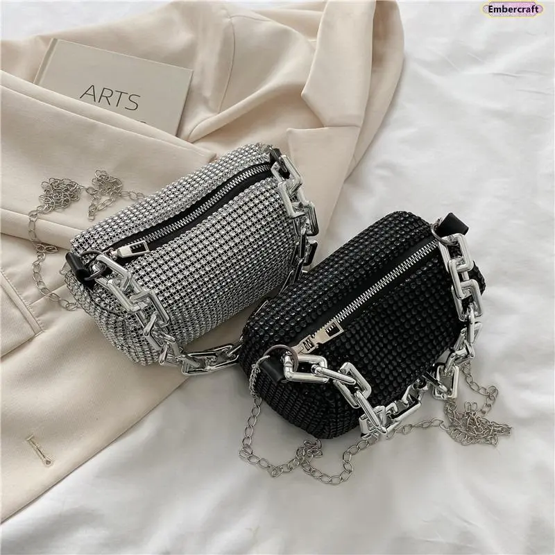 Women's Leather Baguette Bag - Basic, Sparkly Crystal Detail, Sleek Compact Rectangular Shape, Durable Base, Aesthetic Sparkly Style, Detachable Chain Strap, Zipper Closure, Preppy Crossbody/Shoulder Purse for Parties, Weddings