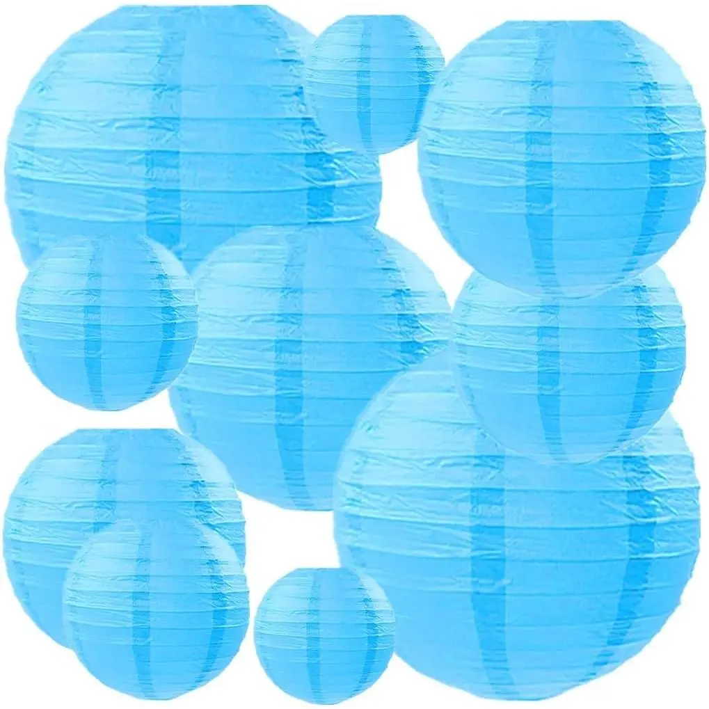 Folding Round Paper Lantern  Chinese/ Style  Ornament Lamp Cover for Garden Birthday Party Decoration Supplies(Blue,10pcs  Sizes)
