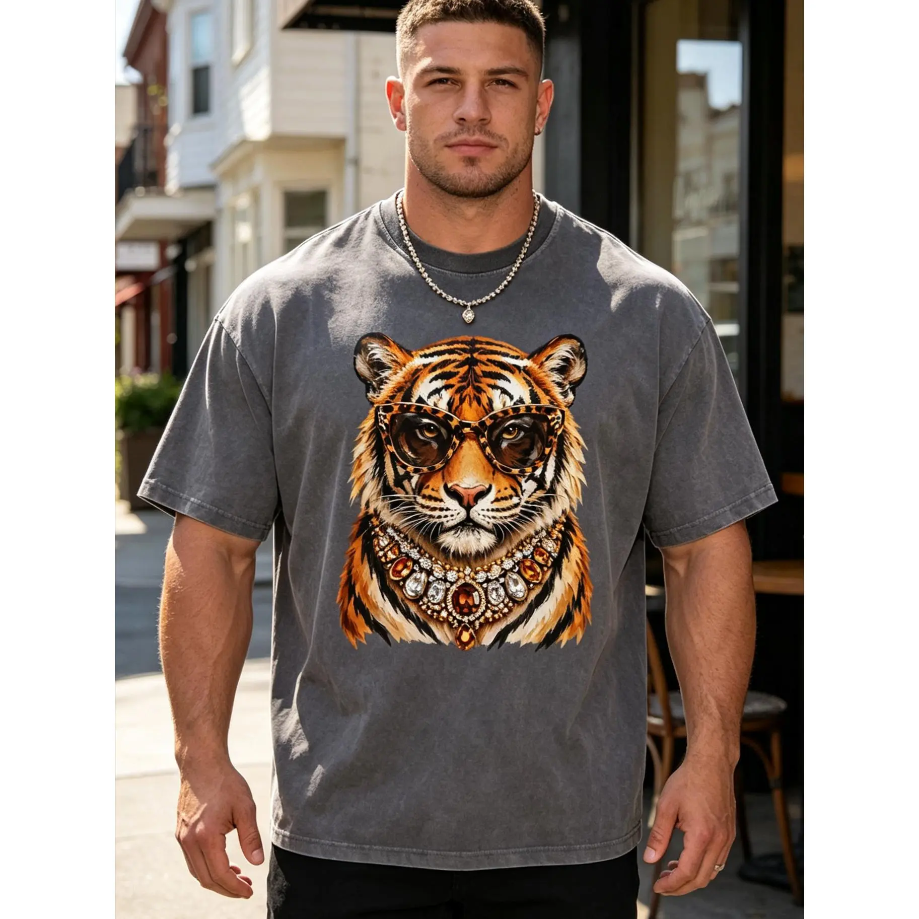 Men's Loose Fit Round Neck Shortsleeve Cotton T-Shirt - Luxury Bling Gem Necklace Accent, Leopard Print Sunglasses Graphic, Tiger Washed Oversized, Soft Breathable Skin-Friendly, Boujee Western Glam Streetwear for Brunch, Festivals | All Seasons Menswear