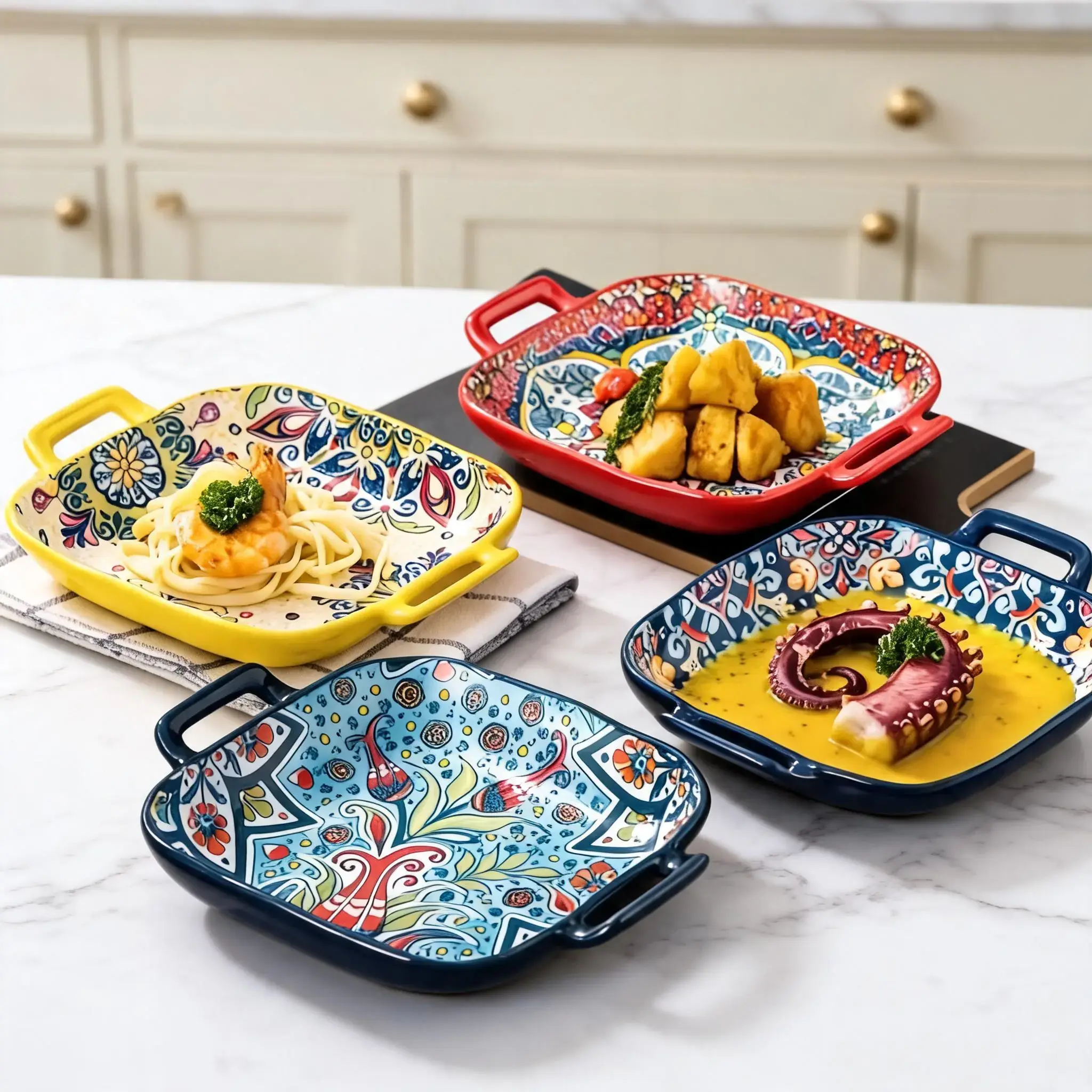 Bohemian Ceramic Square Serving Plates with Handle, 4 Counts/set Salad Plates for Home Kitchen and Dining Room Decorative Plates #GLOBAL PICKS