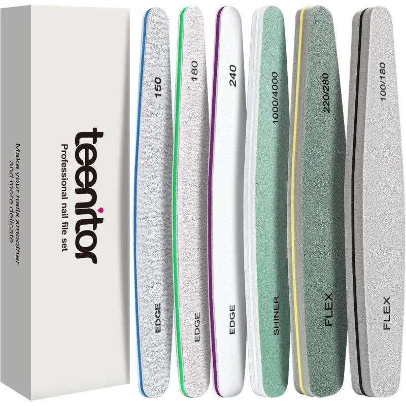 Teenitor Nail File Nail Buffer, 6 pcs Nail Files and Buffers for Natural Nails, Emery Boards for Nails, Nail Buffer and Shine Kit Nail Filer, Nail Buffer Block 100/180 Grit Nail Files Fingernail Files
