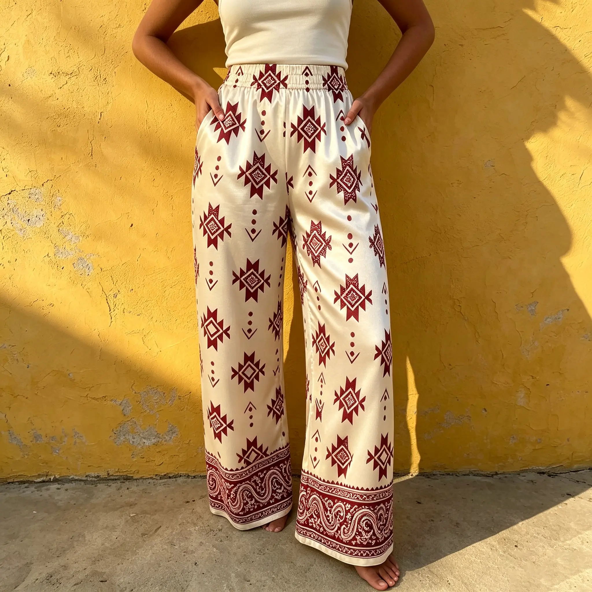 New trousers! Wide-leg satin trousers featuring a burgundy Aztec print on a beige background. Vintage/geometric print; casual vacation style.