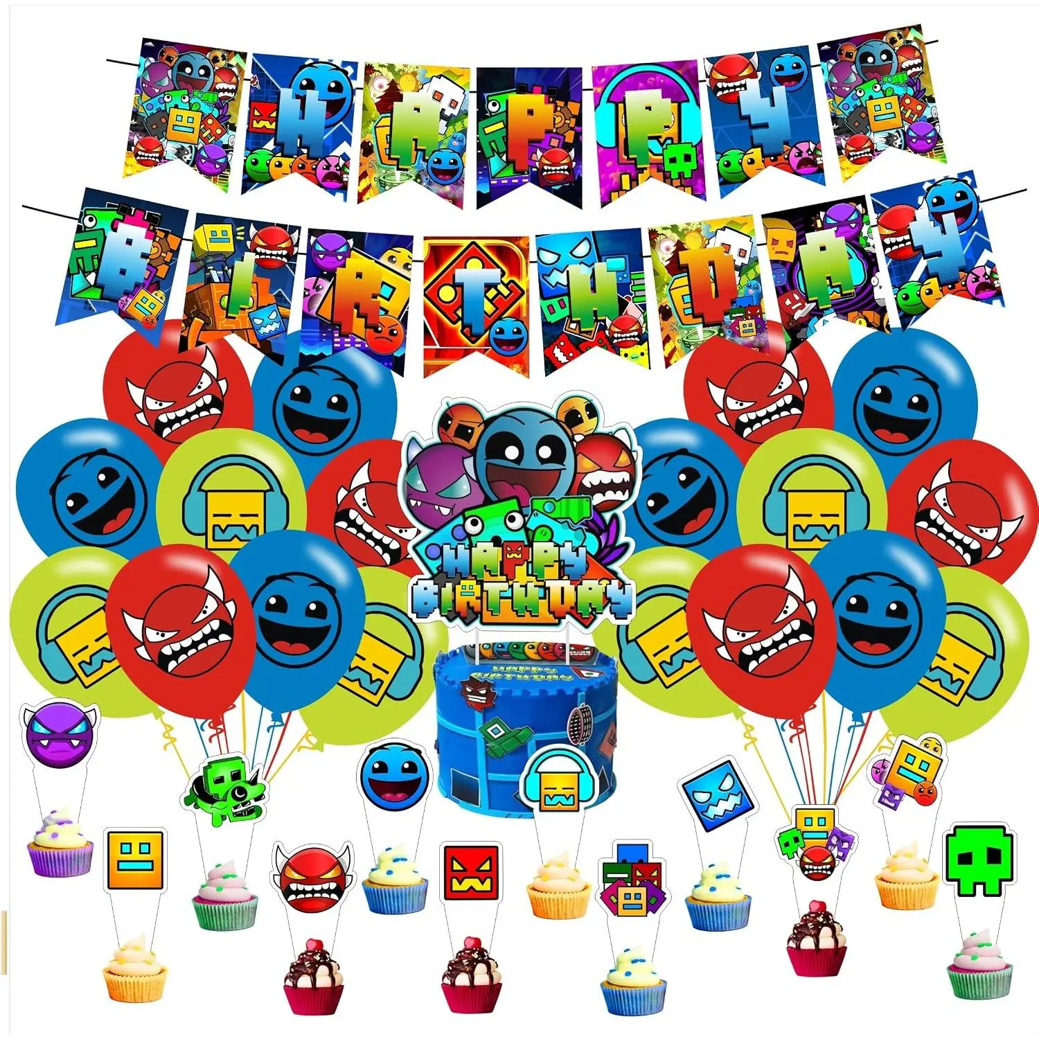 Cartoon Geometry Aesthetic Characters Birthday Party Supplies Set - Festive Home Decor Gifts Including Banner, Balloons, Hanging Swirls, Cake Cupcake Toppers for Boys
