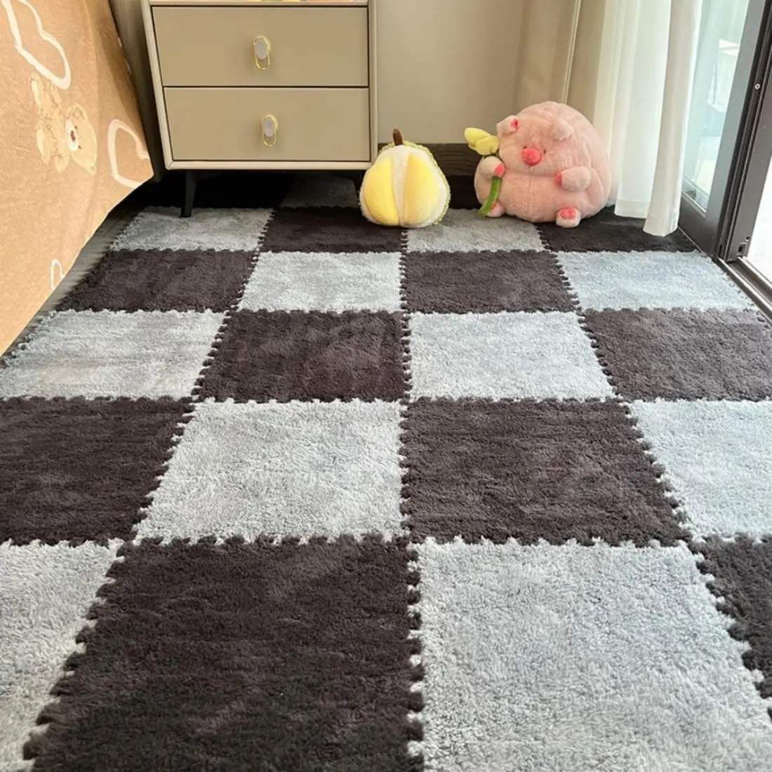 12Pcs 12"x 12" Plush Interlocking Foam Carpet Tiles with Border Fluffy Play Mat Thick Padded Squares Foam Tiles for Playroom Decor Grey+Black