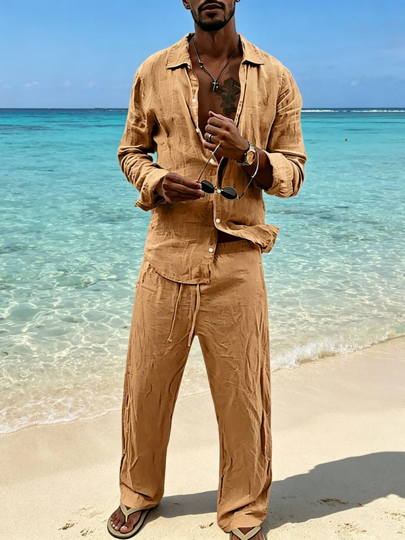 Men's Linen 2 Piece Outfit Set Lapel Long Sleeve Button Down Shirt Drawstring Straight Pants Summer Breathable Vacation Casual Style Set Matching Suit Multi Colors Clean Fit Outfit Clothes