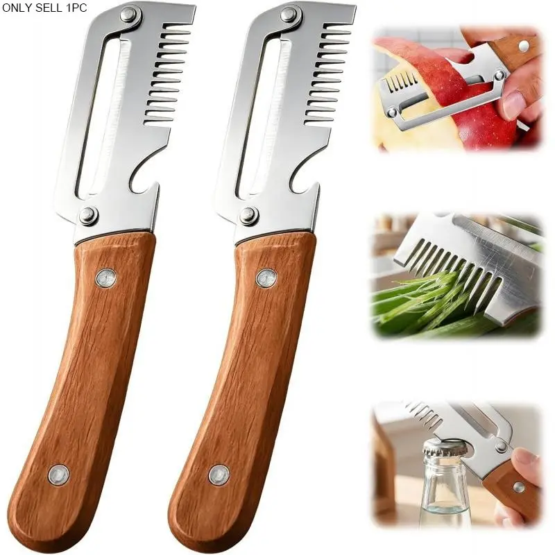 2026 Upgraded Vegetable Peeler with Wooden Handle, Stainless Steel Wide Blade Potato & Carrot Peeler, 3-in-1 Veggie Peeler with Scallion Shredder & Bottle Opener, for Kitchen, Camping & Travel, Kitchenware, Utensils