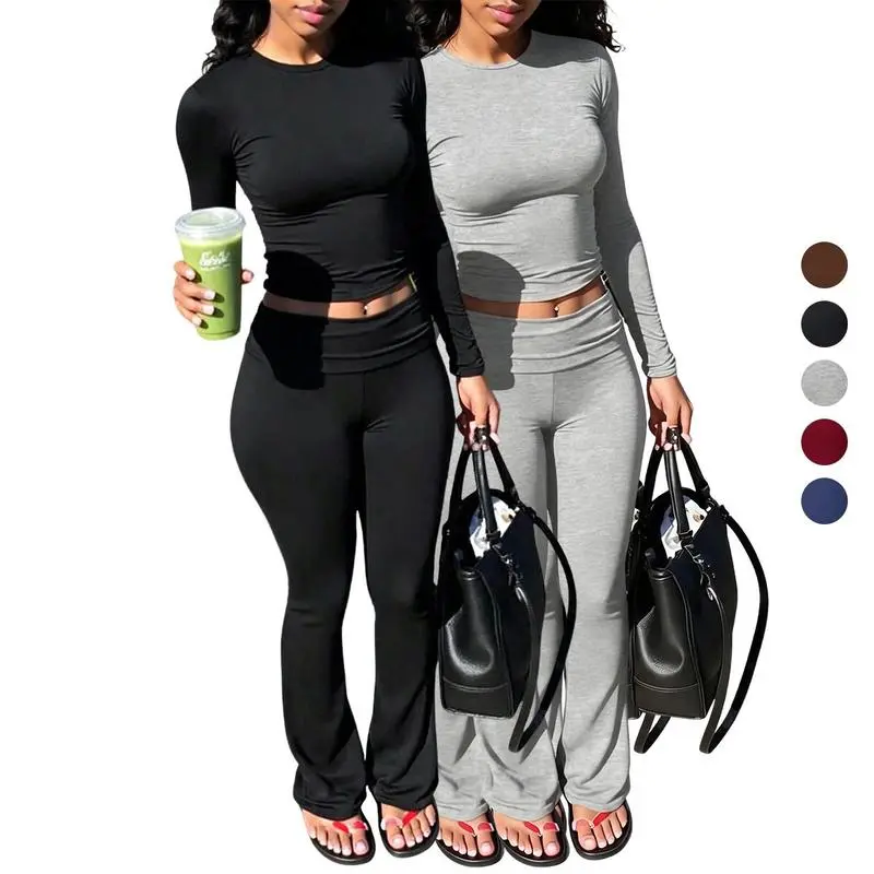 ASANDY 2 Pack Women's Two-Piece Workout Set Long Sleeve Cropped Top High Waist Flared Pants Solid Color Stretch Outfit for Daily Outdoor Jogging Casual Sportswear