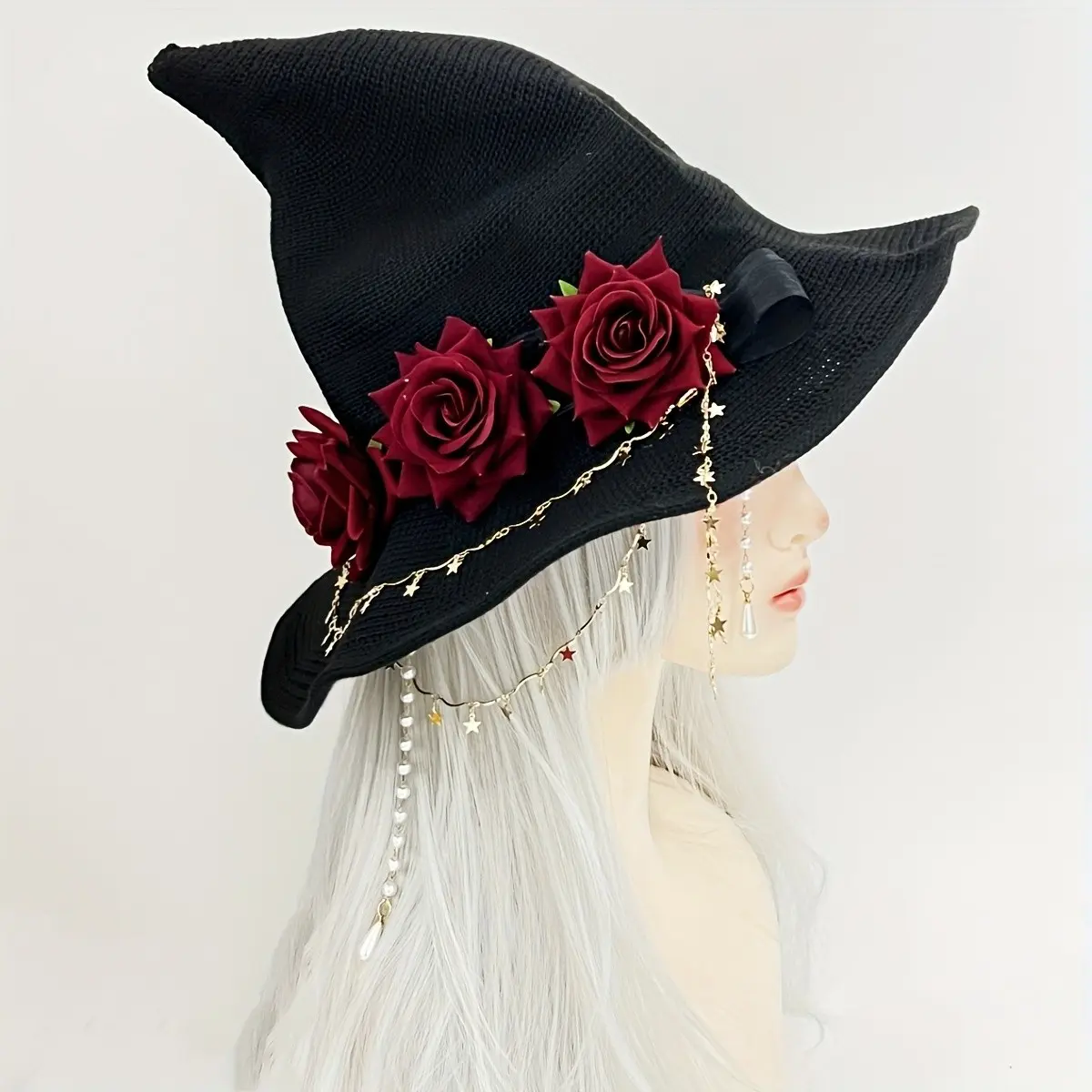 Vintage Gothic Halloween Girl Lolita Style Cosplay Rose Witch Hat, Wide Brim Knit Witch Hat for Women, Costume Headwear