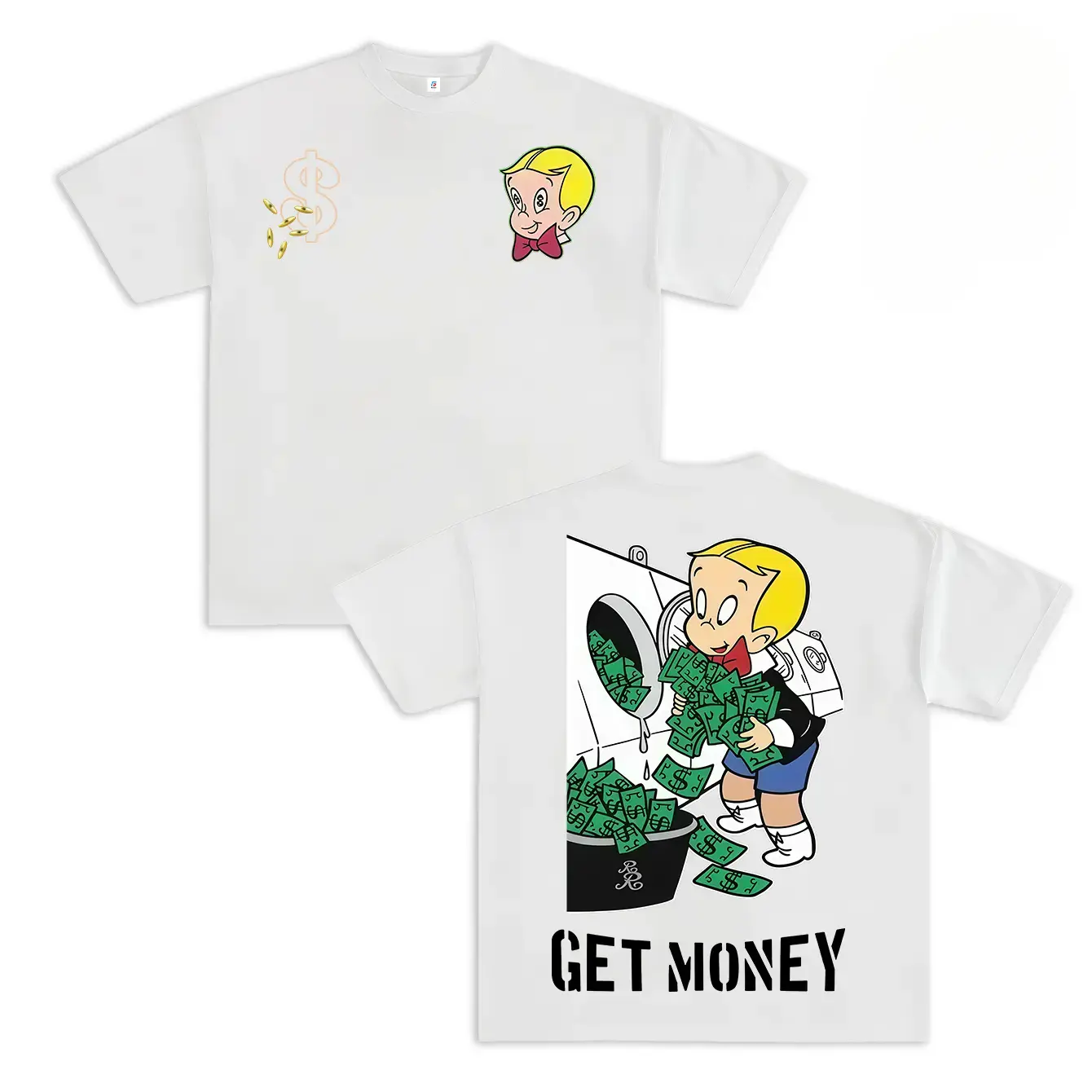 FEEGO Funny Richie Rich Get Money T-Shirt, Cartoon Money Laundering Tee, Retro Wealthy Graphic Shirt, Meme Streetwear, richie rich shirts, Mens Womenswear Top Pure Cotton Short Sleeve T-Shirt Casual Breathable