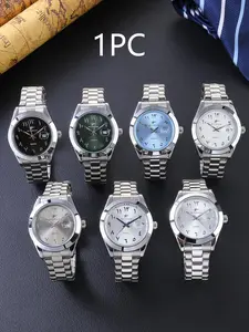 RICECGO Men's Quartz Watch, Silver Stainless Steel Bracelet, Arabic Numeral Dial with Date Display, Casual Business Analog Wristwatch