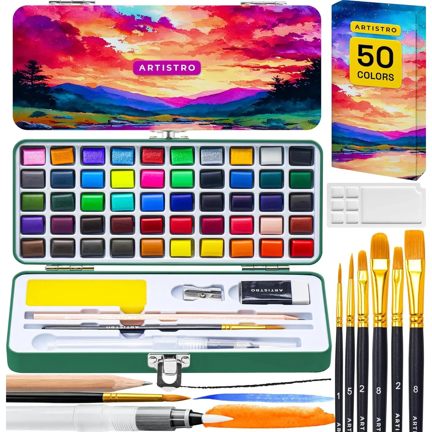 ARTISTRO 50 Color Watercolor Paint Set - Portable Paint Art Kit with Palette and Brush Pens - Travel Water Color Set for Adults, Professionals, Kids - Art and Painting Supplies - Gift Idea