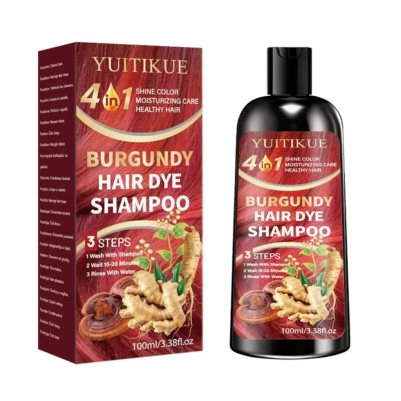 Yuitikue Wine 4-In-1 Hair Dye Shampoo, Quick Color in 15-20 Minutes, Long-Lasting, Smooth & Glossy, Contains Keratin, Ginseng, Turmeric, Reishi, 100ML