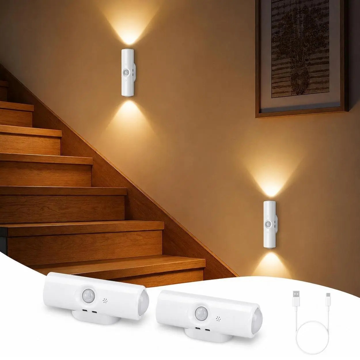 2PCS Smart Rechargeable LED Night Light with Motion Sensor – RGB Gradient Ambient Lighting, Dimmable Wall Lamp, Magnetic & Stick-On Design, Perfect for Halloween Decor, Bedroom, Stairs, Hallway & Entryway