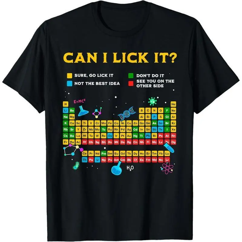 Casual Funny Science Graphic T-Shirt, "Can I Lick It" Print Cotton Fashion Top with Shortsleeve and Round Neck, Tshirt, Fabric, Streetwear, Sports, Natural, Soft