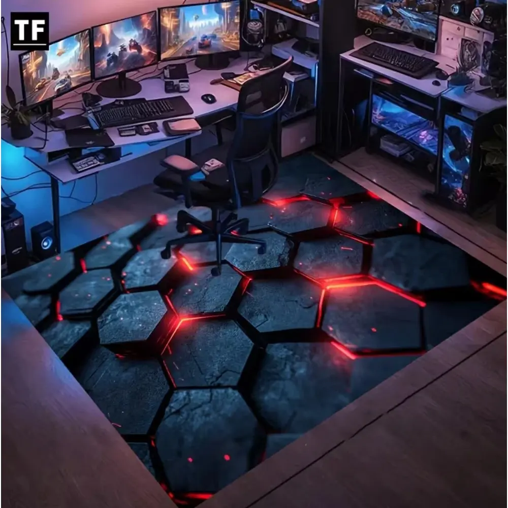 2D Illusion Glowing Hexagonal Tech Floor Flannel Area Rug, Gaming Rugs - Oversized Soft Plush Mat for Gaming Room & Living Room, Non-Slip Optical Illusion Home Decor, Decorative Fluffy Rug