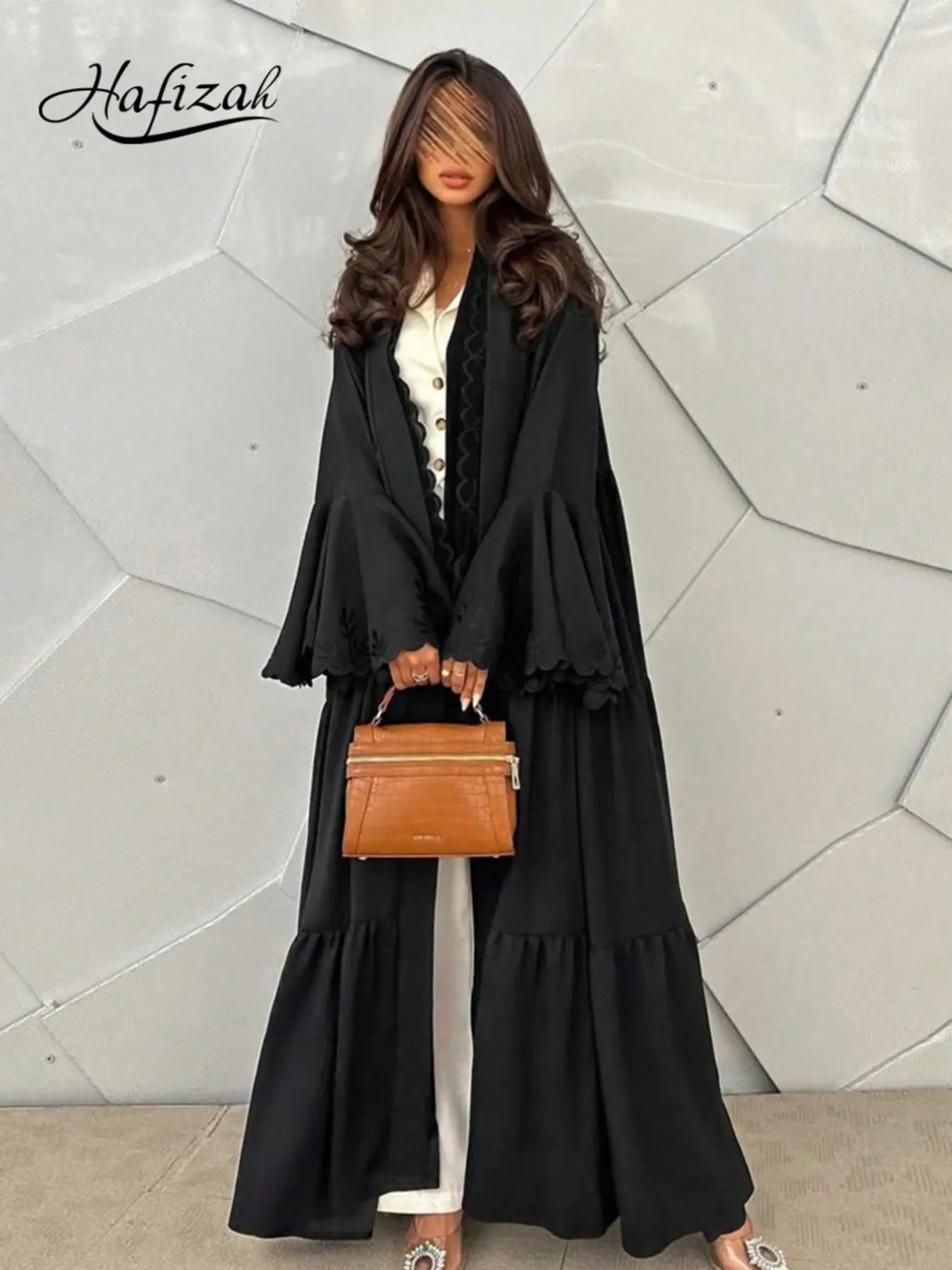 Hafizah Women's Fashion Bell Sleeve Plain Embroidered Long Dress, Summer New Arrival, Elegance, Aesthetic, Outfit, Includes Headscarf, Two-Piece Set