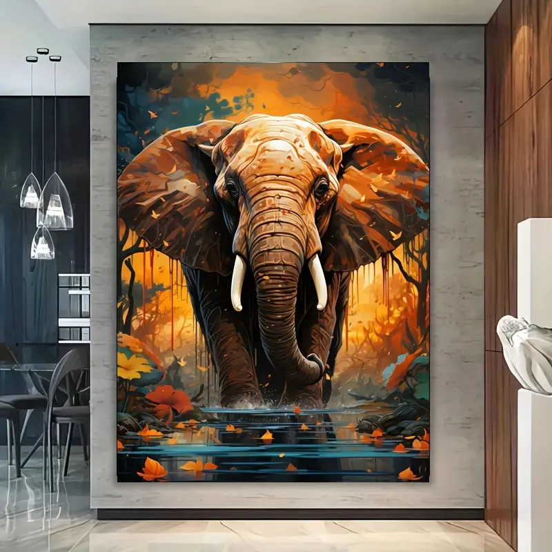 1-Piece Artistic Elephant Canvas Painting, Modern Wildlife Wood-Framed Wall Art, Home Decor Gift for Living Room, Bedroom Vivid Poster