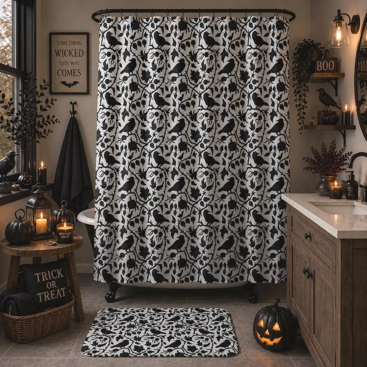 1/4pcs Black & White Raven Shower Curtain and Bath Mat Set | Gothic Halloween Bathroom Decor | Crow Botanical Bathroom Accessories