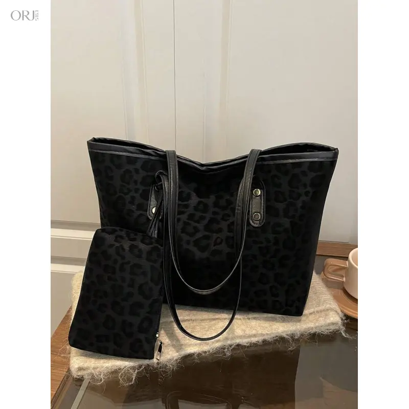 2pcs Large Capacity Leopard Print Faux Leather Tote Bag, With Dual Handles, Ideal For Commuting, Work Or School