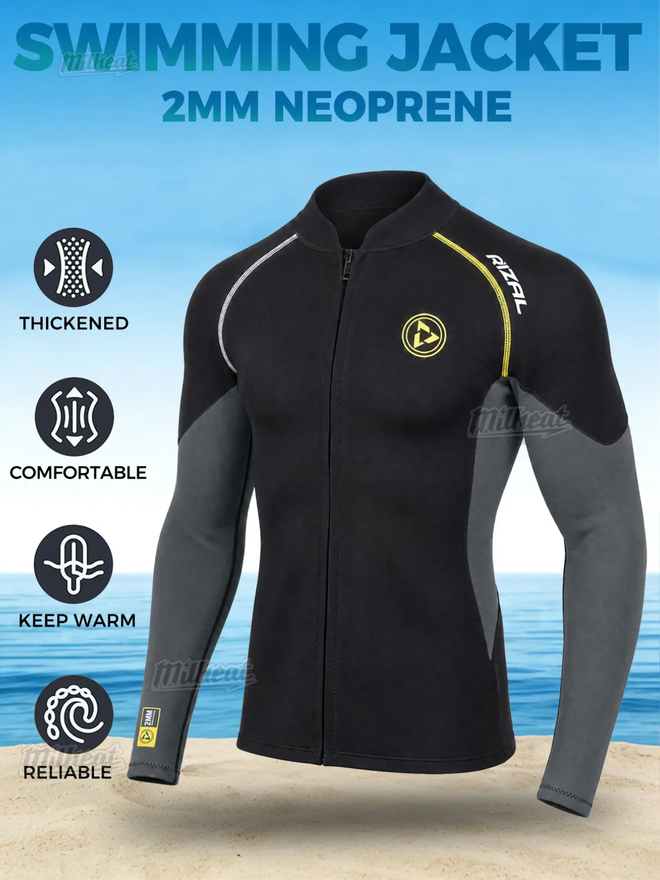 Men's 2mm Chloroprene Surf Jacket, Front Zipper, All-Season, Long Sleeve, Ideal for Surfing, Kayaking, Swimming, Water Activities