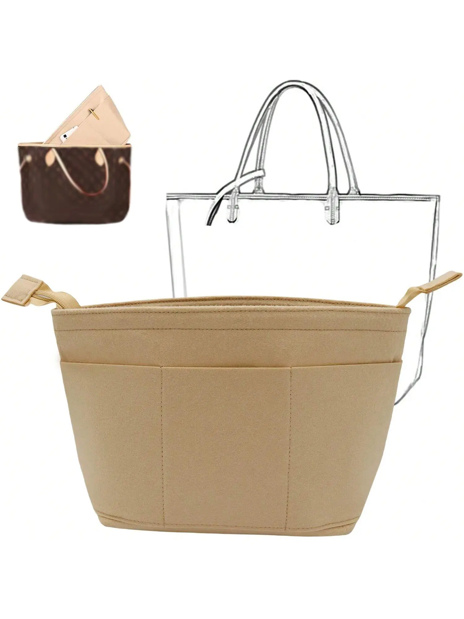 Zippered Felt Purse Organizer Insert, 2 Sizes M/L Available, Trapezoidal Bag In Bag Liner With External Pockets, Portable Handbag Storage Organizer For Medium Large Classic Tote Bags Organizer Pouches