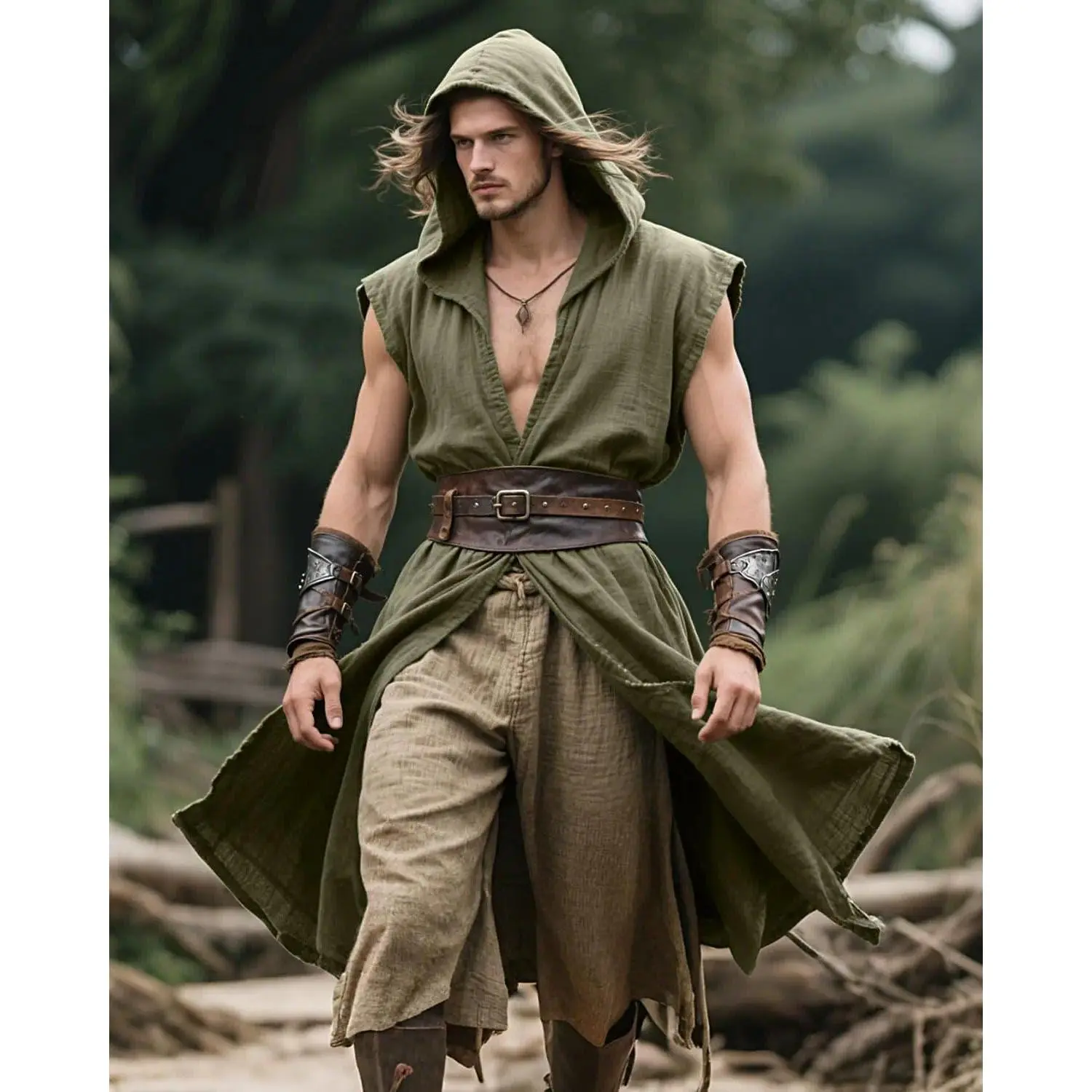 Men's Medieval Hooded Sleeveless Surcoat Set - Renaissance Tabard Tunic Cloak Viking Costume, Menswear for Halloween Assassin Cosplay