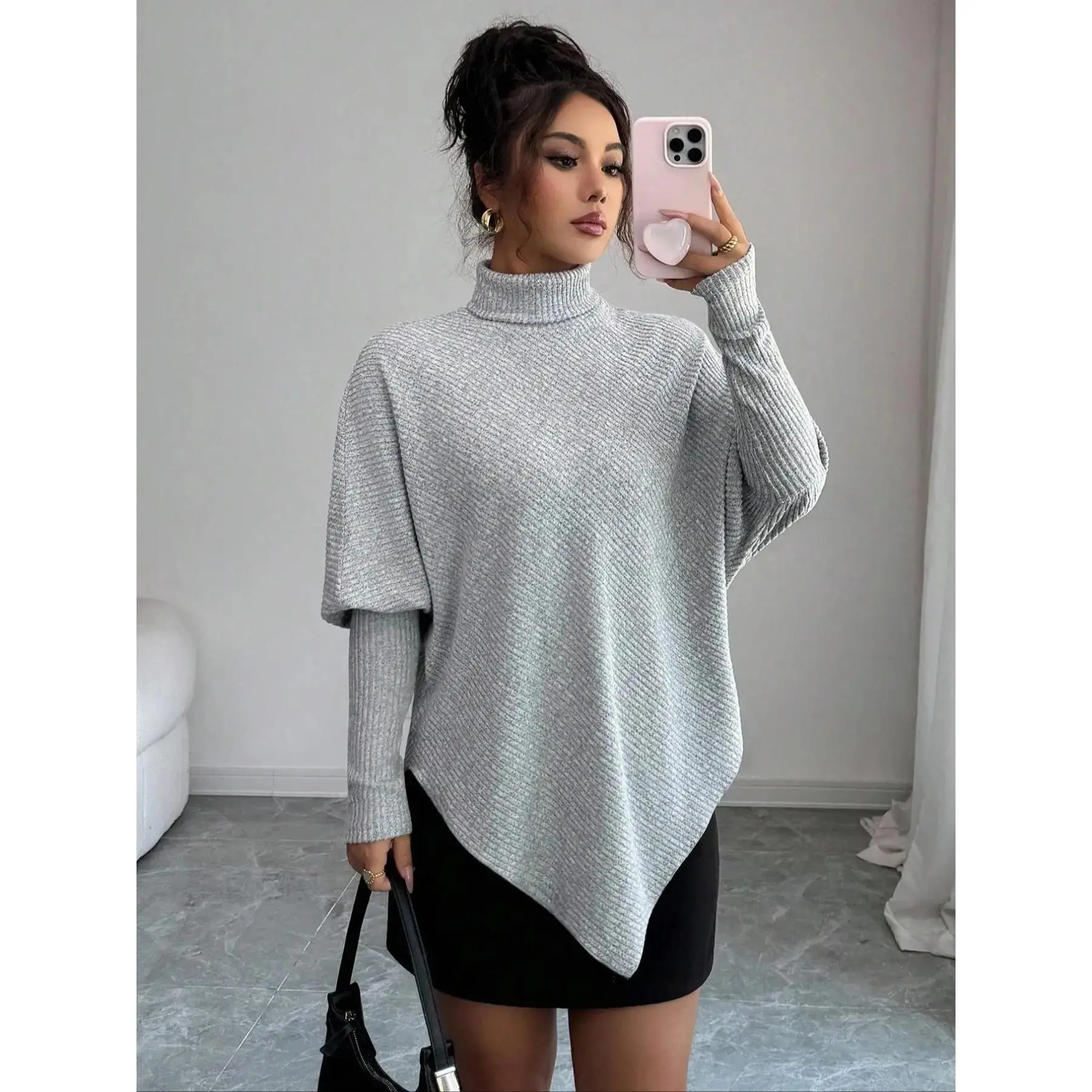 Elegant Asymmetrical Batwing Sleeve Top, High Neck Faux Knit Plush Ribbed Women's T-Shirt, Fall & Winter Fashion, Knitwear