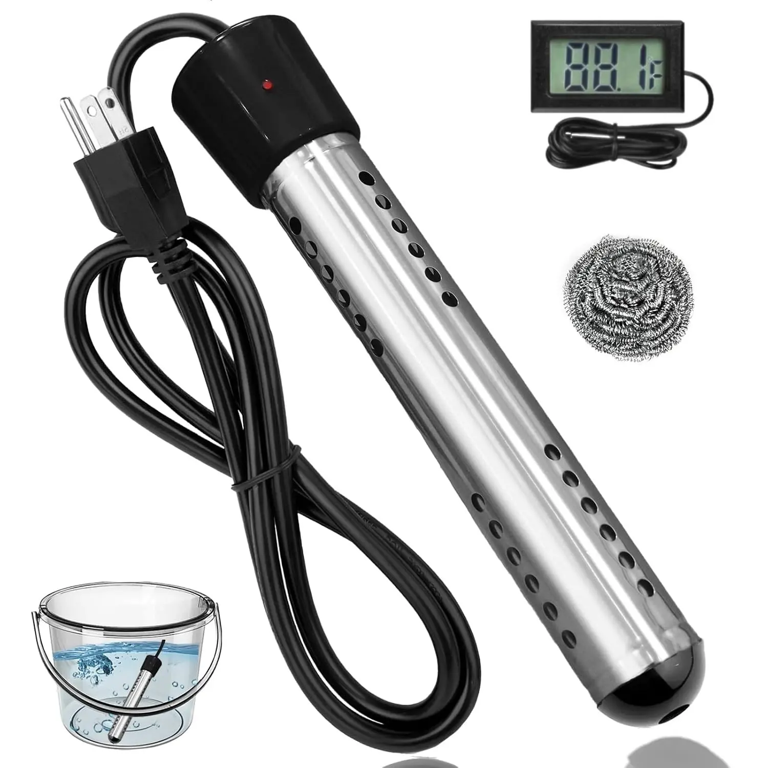 Portable 2000W Electric Immersion Water Heater, Fast-Heating with 304 SS Guard & LCD Display Thermometer, for Bucket, Bathtub Use (Home, Camping)