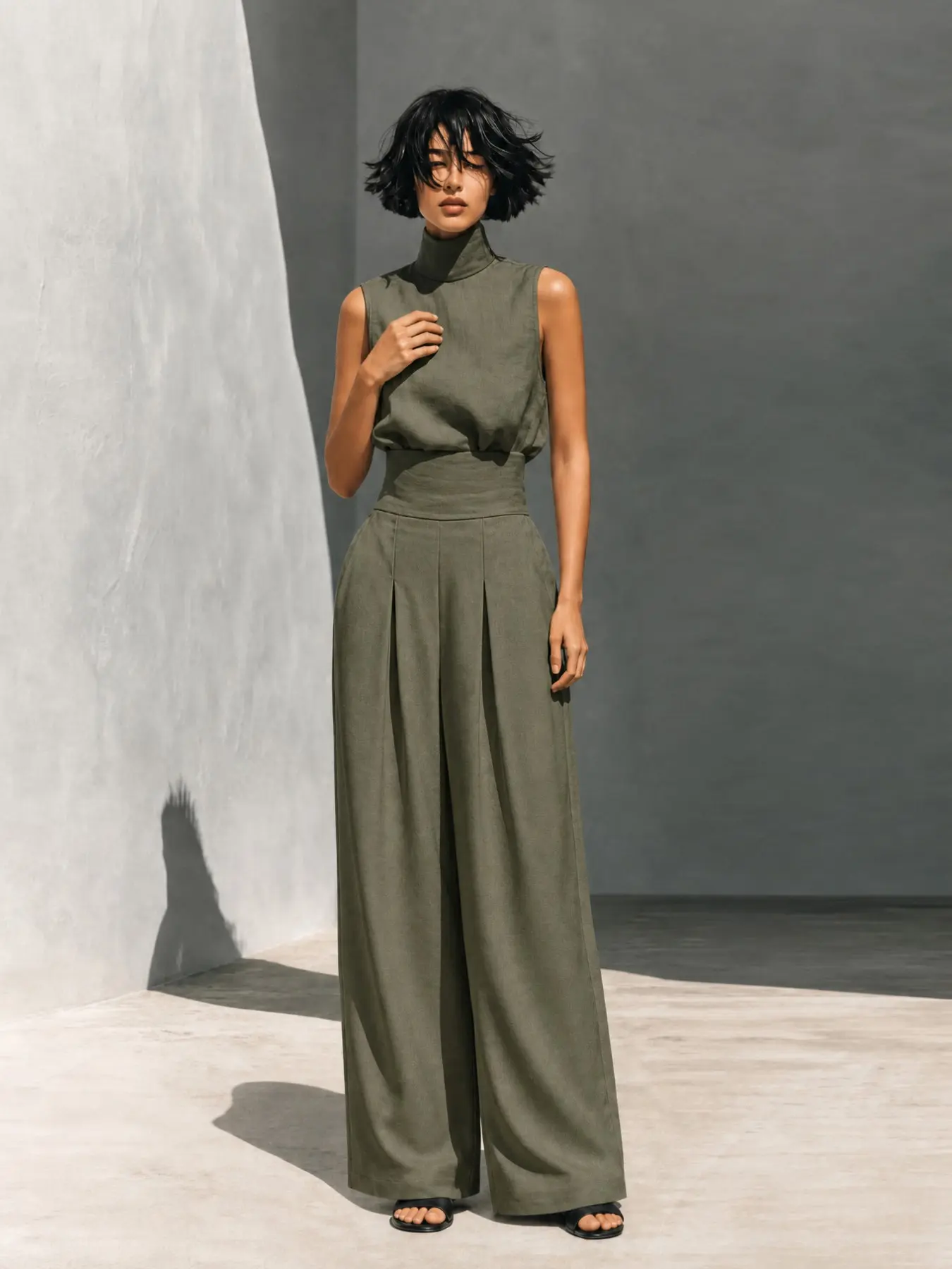 C0712 Minimalist Neutral Tone Old Money Ladies Two Piece Set Sleeveless Mock Neck Tank Top Light Airy Wide Leg Trousers Elegant Casual Outfit For Beach Travel Daily Life.