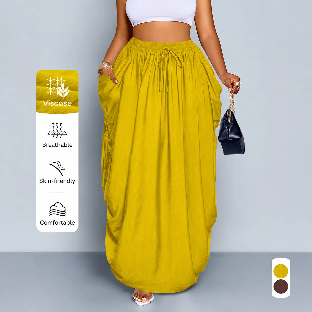 Plus Size Women's Summer Casual Breathable Long Skirt, Fitted Solid Color with Waist Pockets and Drawstring, Daily Commute Style Bottom, All-Season Fashion