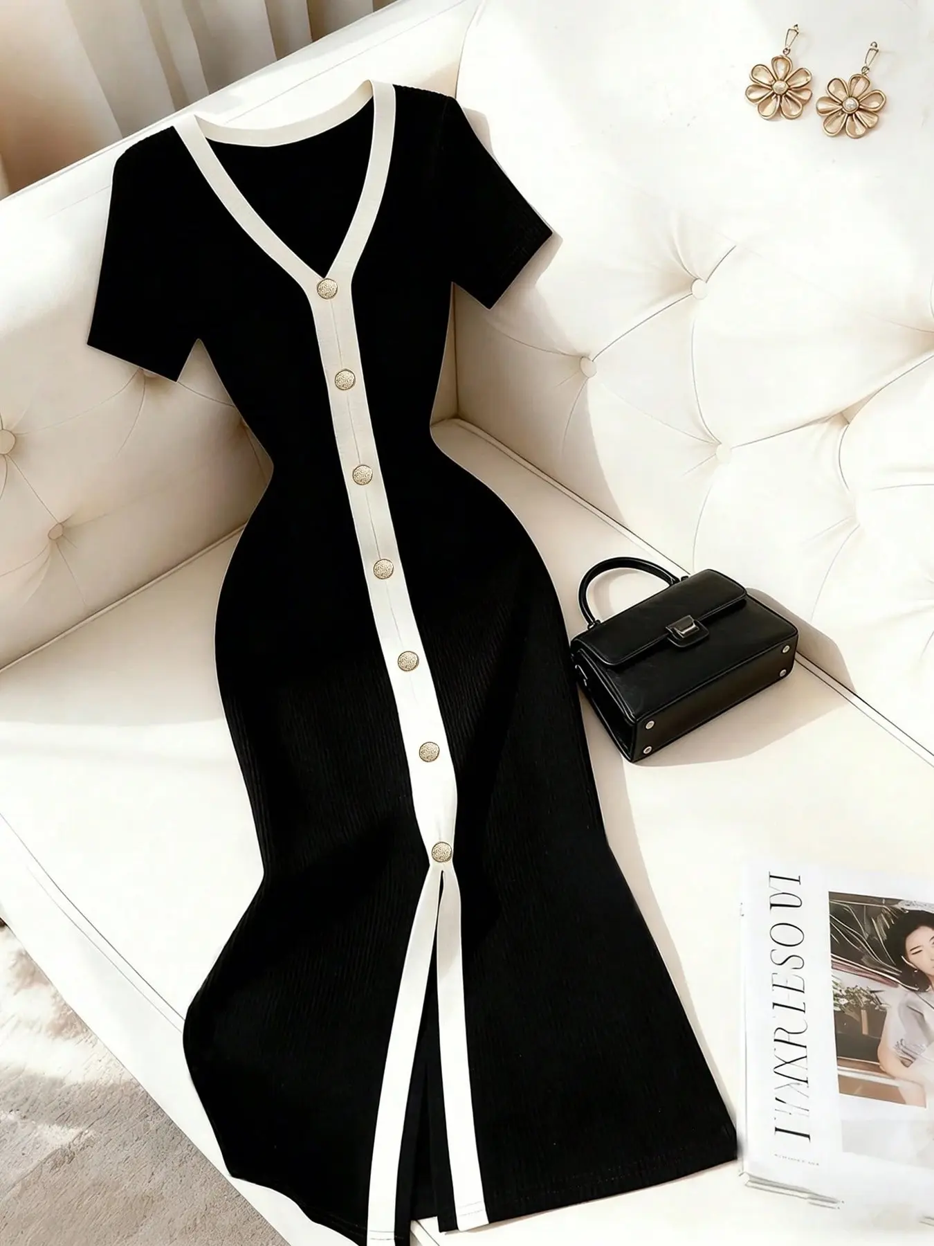 Women Short Sleeve V Neck Midi Dress Contrast Trim Button Front Split Hem Bodycon Midi Dress Slim Waist Figure Flattering Fitted Mid Length Dress Elegant Daily Office Wear Semi Formal Going Out Party Dress With Decorative Front Buttons Casual Chic Everyda