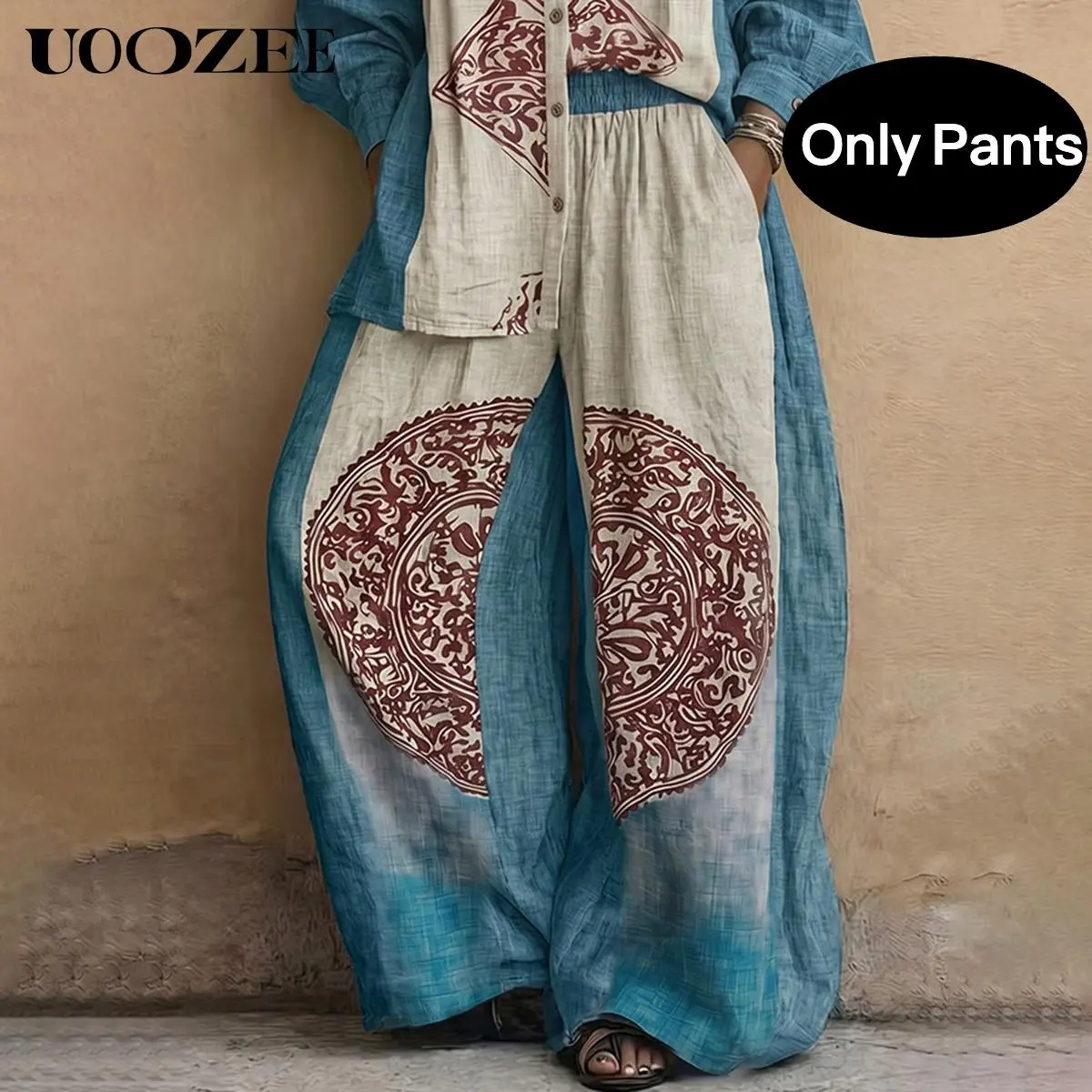 UOOZEE Women's Polyester Ethnic Tribal Print Gradient Wide Leg Pants, Elastic High Waist Pocket Floor-Grazing Loose-Fit Boho All Seasons Cold Wash Vacation Resort Bottoms, Side Pockets