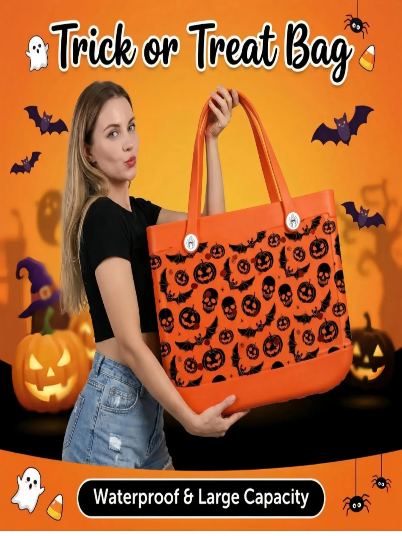 Halloween Pumpkin Head EVA Women's Large Capacity Tote Candy Gift Bag, Rubber Halloween Shopping Bag, Suitable for Halloween Night/Halloween Party Decoration, Perfect Halloween Gift for Friends, Family, and Lovers