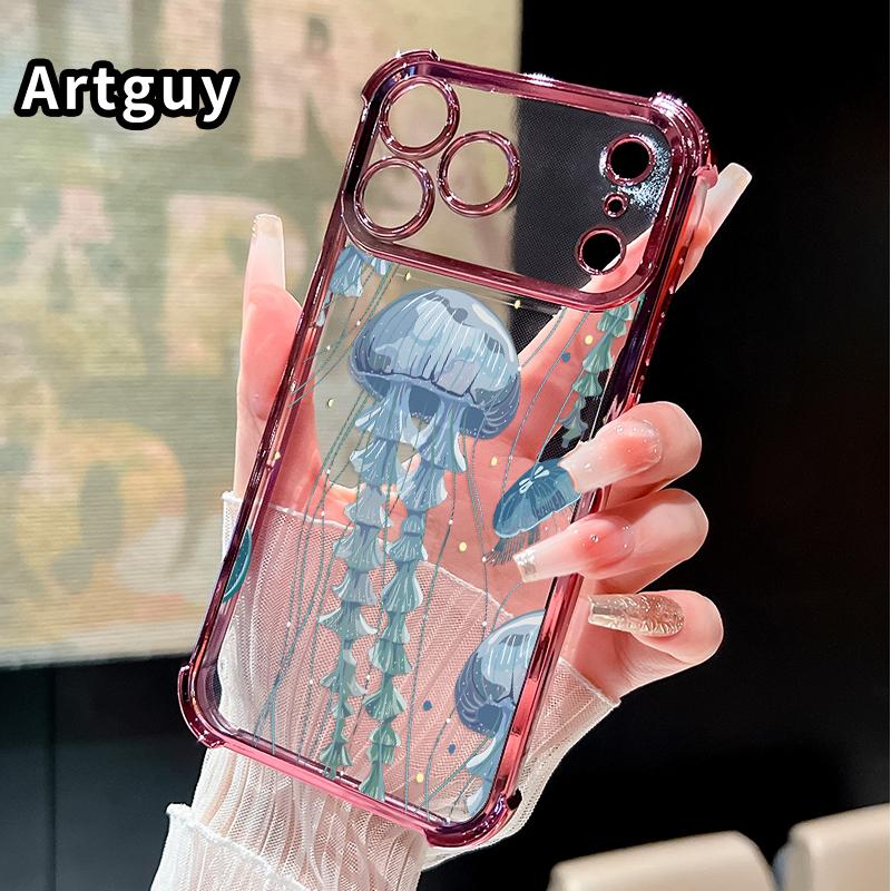 Deep Sea Jellyfish Pattern Phone Case for iPhone 17 Pro Max 16 15 Plus Air 14 13 12 11 E Electroplated Four-Corner Anti-Fall Protection Cellphone Cover