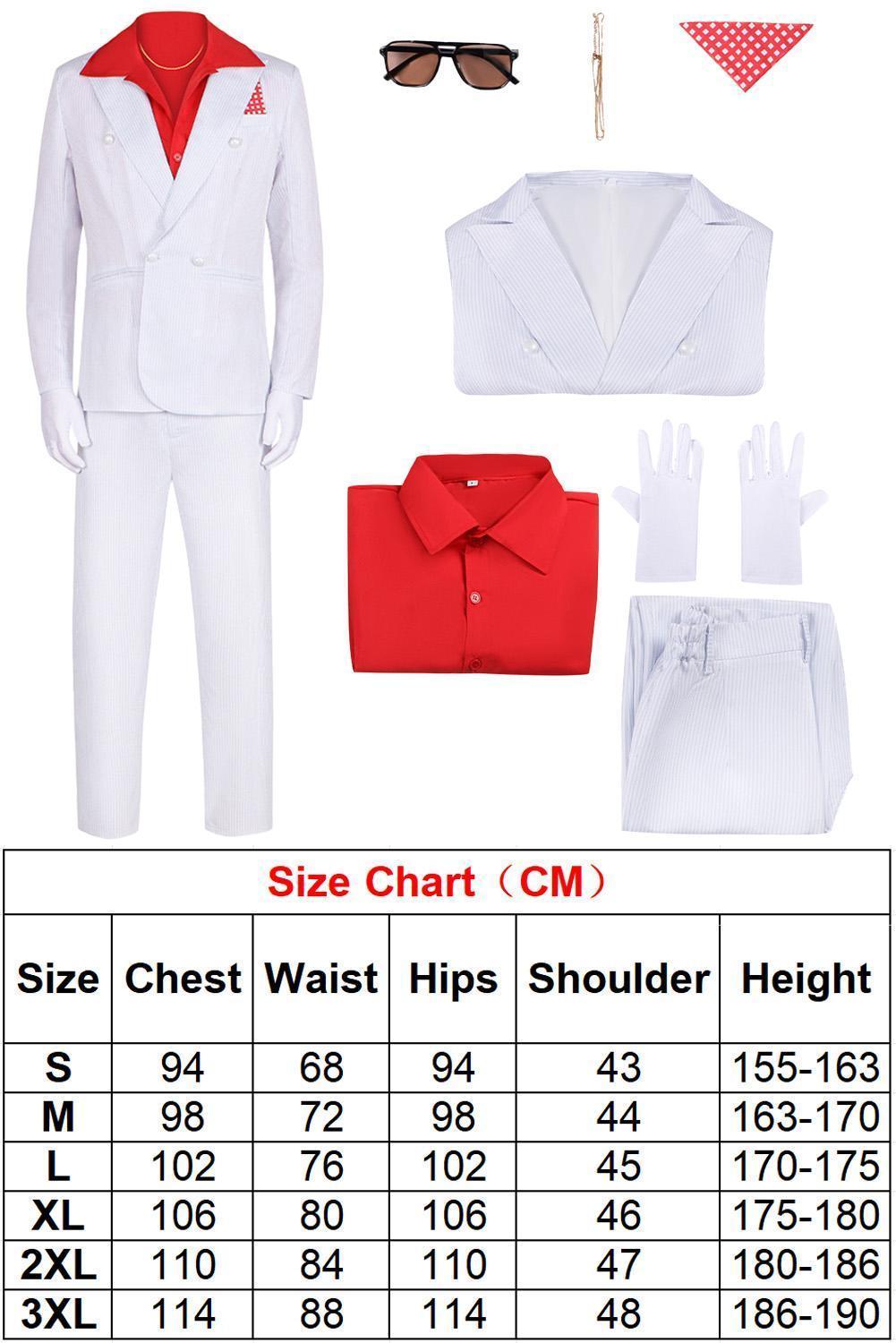 1983 Movie Scarface Al Pacino Cosplay Men White Suit Red Shirt Costume Accessories Outfits Halloween Roleplay Men Carnival Party