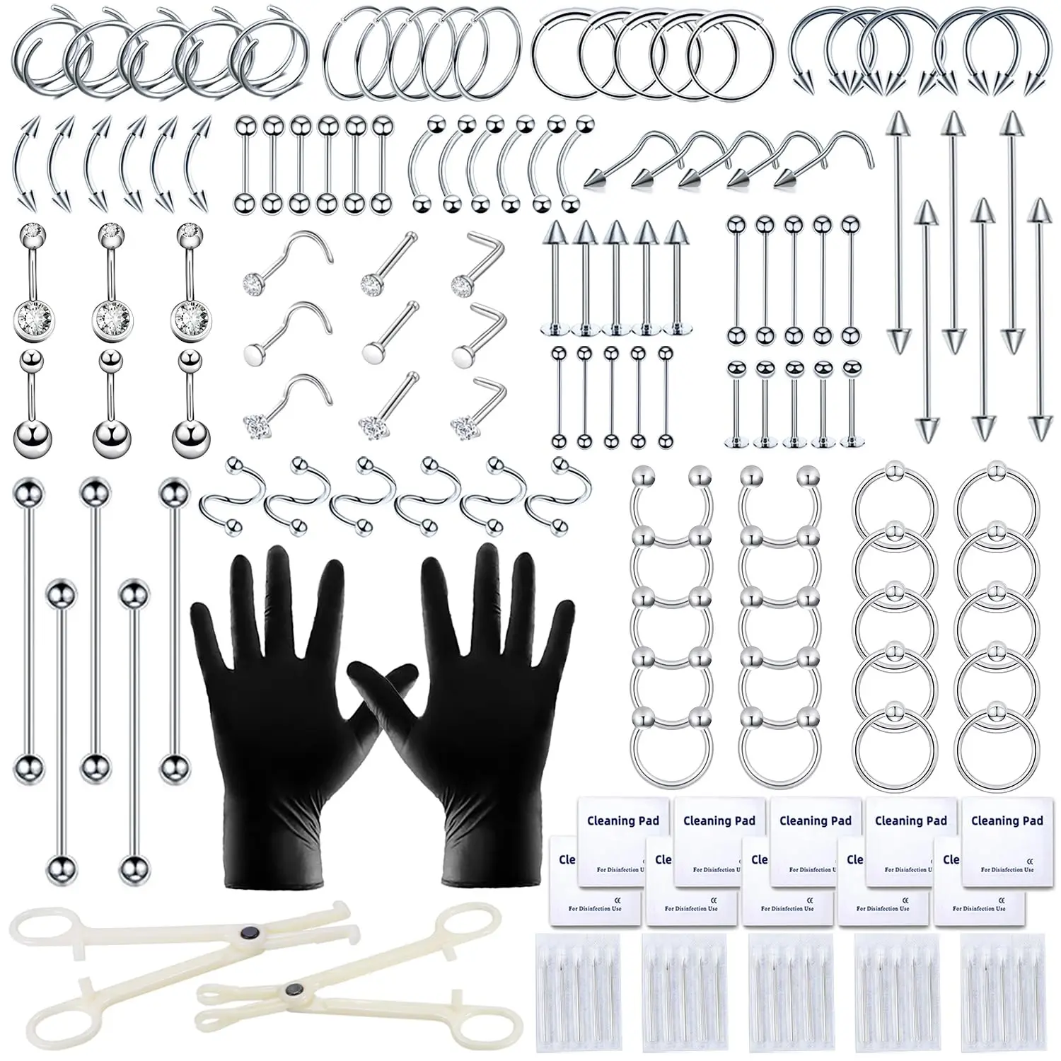 153Pcs Piercing Kit: 12G, 14G, 16G, 20G Needles & 316L Stainless Steel Jewelry for Nose, Belly, Lip, Ear & More