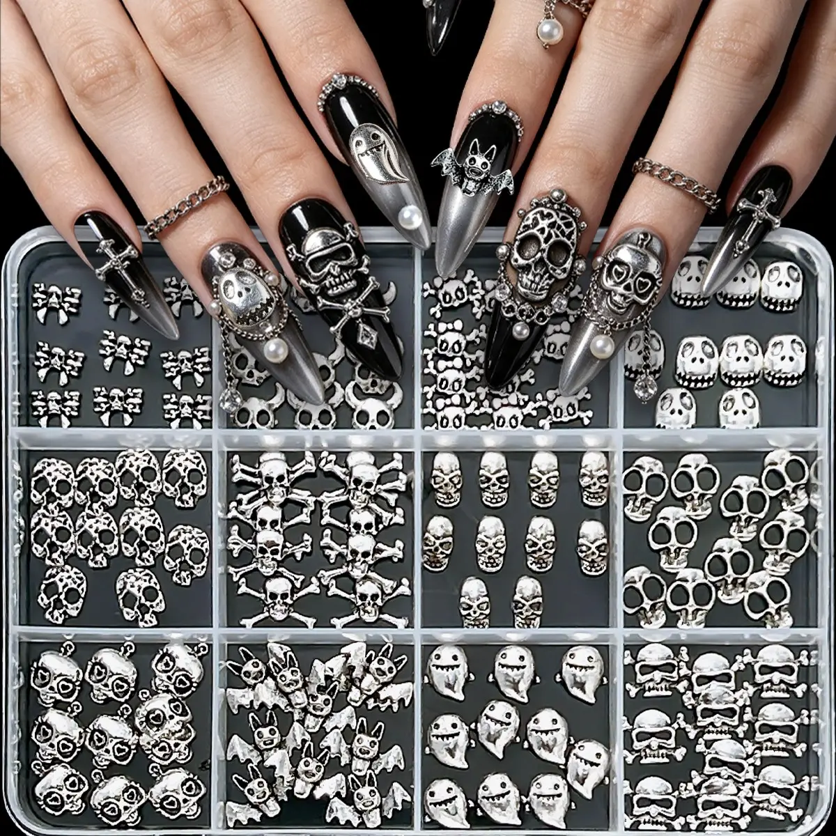 1Box-Y2K Heavy Alloy Skull Series Nail Charms 3D Creative Ghost Bat Nail Art Accessories Gothic Style for DIY Halloween Nails Decorations