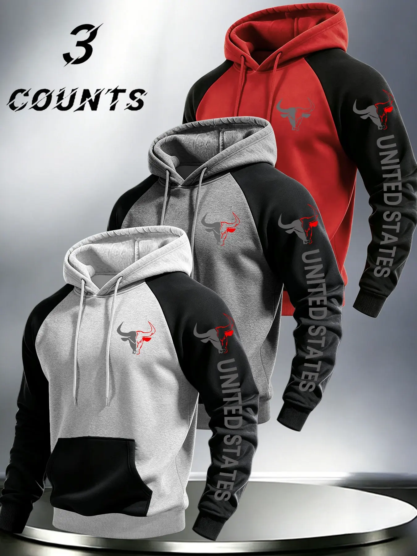 3 Pack Men Raglan Sleeve Drawstring Pullover Hoodies Patchwork Kangaroo Pocket Bull Head United States Vertical Side Letter Chest Sleeve Dual Graphic Print Loose Fit Western American Casual Streetwear Sweatshirts For Daily Outdoor Leisure Outfit