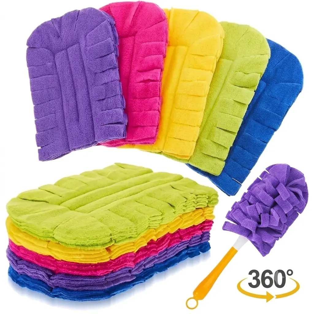 A Set of 12/6 Pcs Reusable Fleece Duster Refills Included Handle,Feather Flat Dusters,Multi Surface Washable Cleaning Pads Tools, Heavy Duty Microfiber Electrostatic Replacement Pack Compatible with Swiffer 360 Degree Dusters