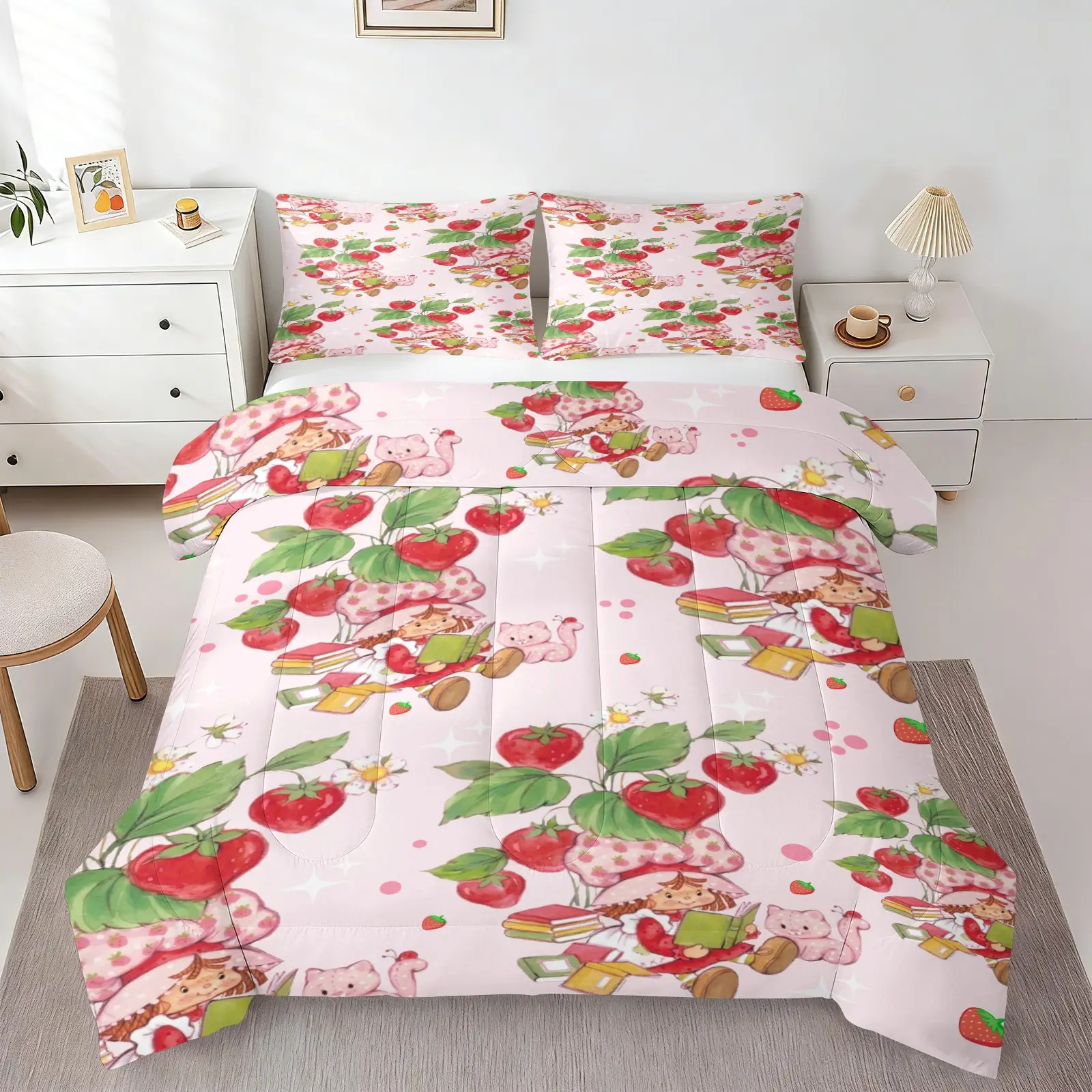 Pink Strawberry Girl Reading Book Pink Cat Comforter Set, 1 Comforter + 1-2 Pillowcases, Durable Soft Comfy Washable Bed Set, High Definition Digital Print, Sweet Four Seasons Kawaii Style, Girls Bedroom Bedding
