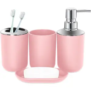 4 PCS Pink Bathroom Accessories Set, Plastic Soap Dispenser Toothbrush Holder Soap Dish Mouthwash Cup, Boho Bathroom Decor