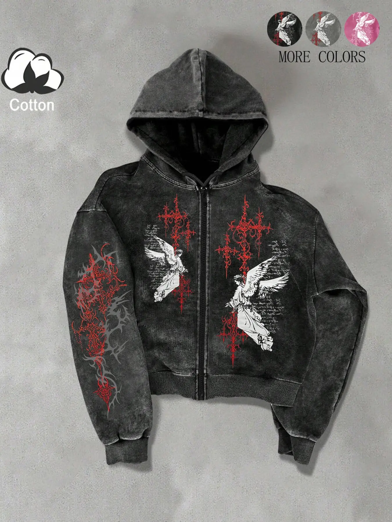 Men’s and women’s versions. Street style. Popular red Gothic pattern and angel print hooded zipper sports shirt with long sleeves. Perfect for streetwear, back-to-school, or returning to school attire. A stylish outfit from the 2000s. Ideal as a gift for