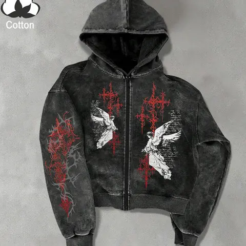 Men's and Women's Street Style Red Gothic Angel Print Hoodie, Sweatshirts, Fashion, Zipper Long Sleeve Sports Top, Perfect for Streetwear, Back-to-School Attire, 2000s Stylish Outfit, Ideal Gift, Dark Aesthetic Streetwear