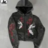 Men's and Women's Street Style Red Gothic Angel Print Hoodie, Sweatshirts, Fashion, Zipper Long Sleeve Sports Top, Perfect for Streetwear, Back-to-School Attire, 2000s Stylish Outfit, Ideal Gift, Dark Aesthetic Streetwear