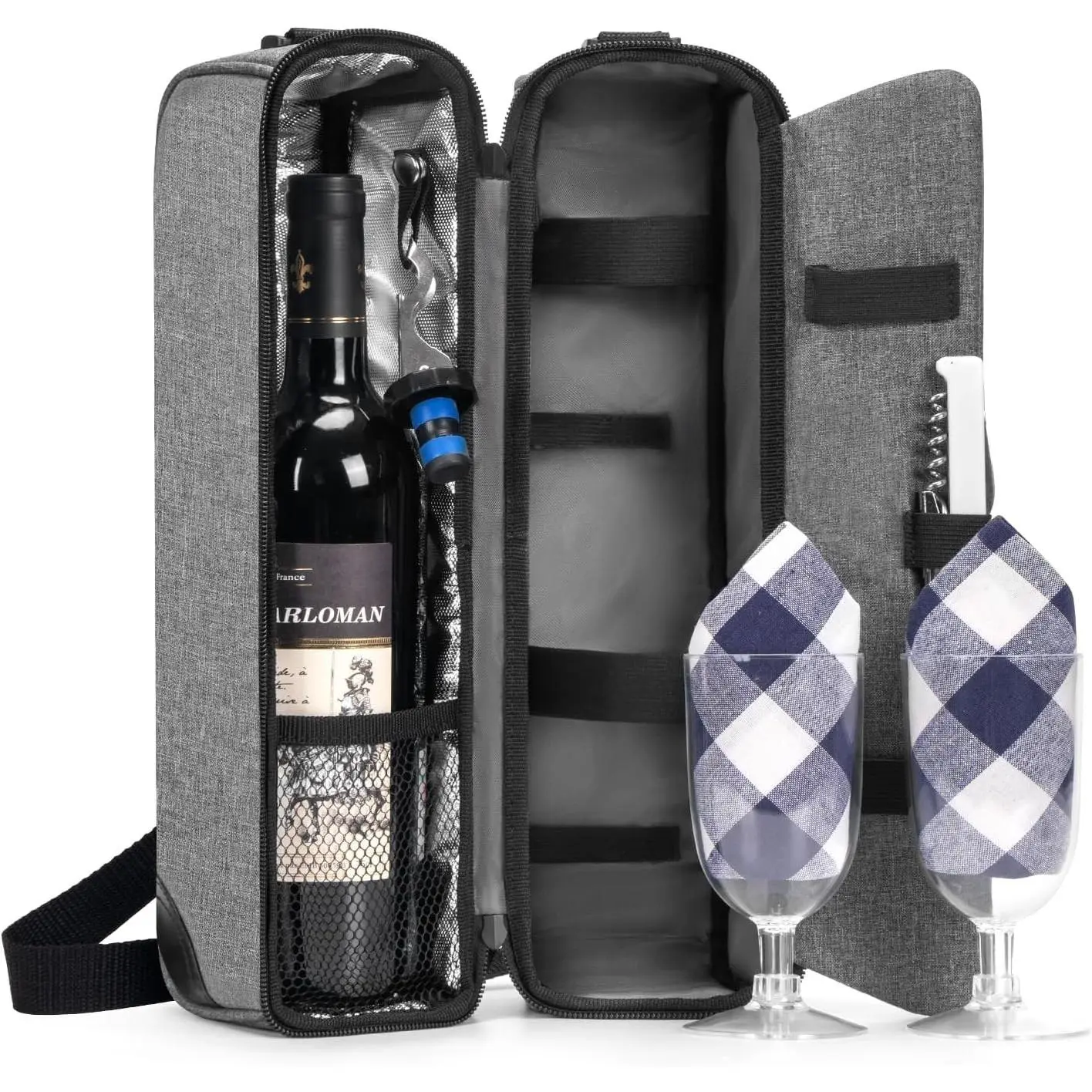 Insulated Portable Wine Bag Gift Set with 2 Glasses, Corkscrew, Stopper, Napkins & Opener, Gray - Complete Travel Picnic Kit for Wine Lovers