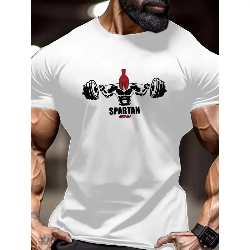 Men's Regular-Fit Spartan Print Cotton Round Neck Tee - Casual Short-Sleeve Athletic Top for Summer Gym Workout Running Activewear